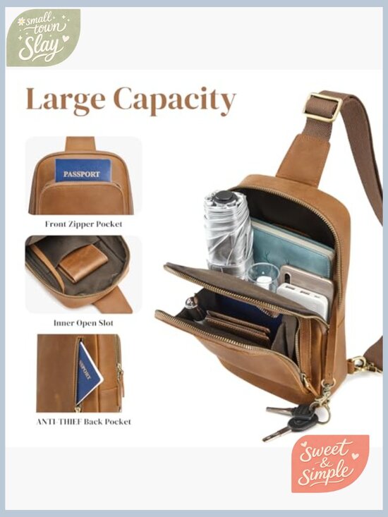 Top Grain Leather Sling Bag RFID Blocking Crossbody Chest Pack Daypack
